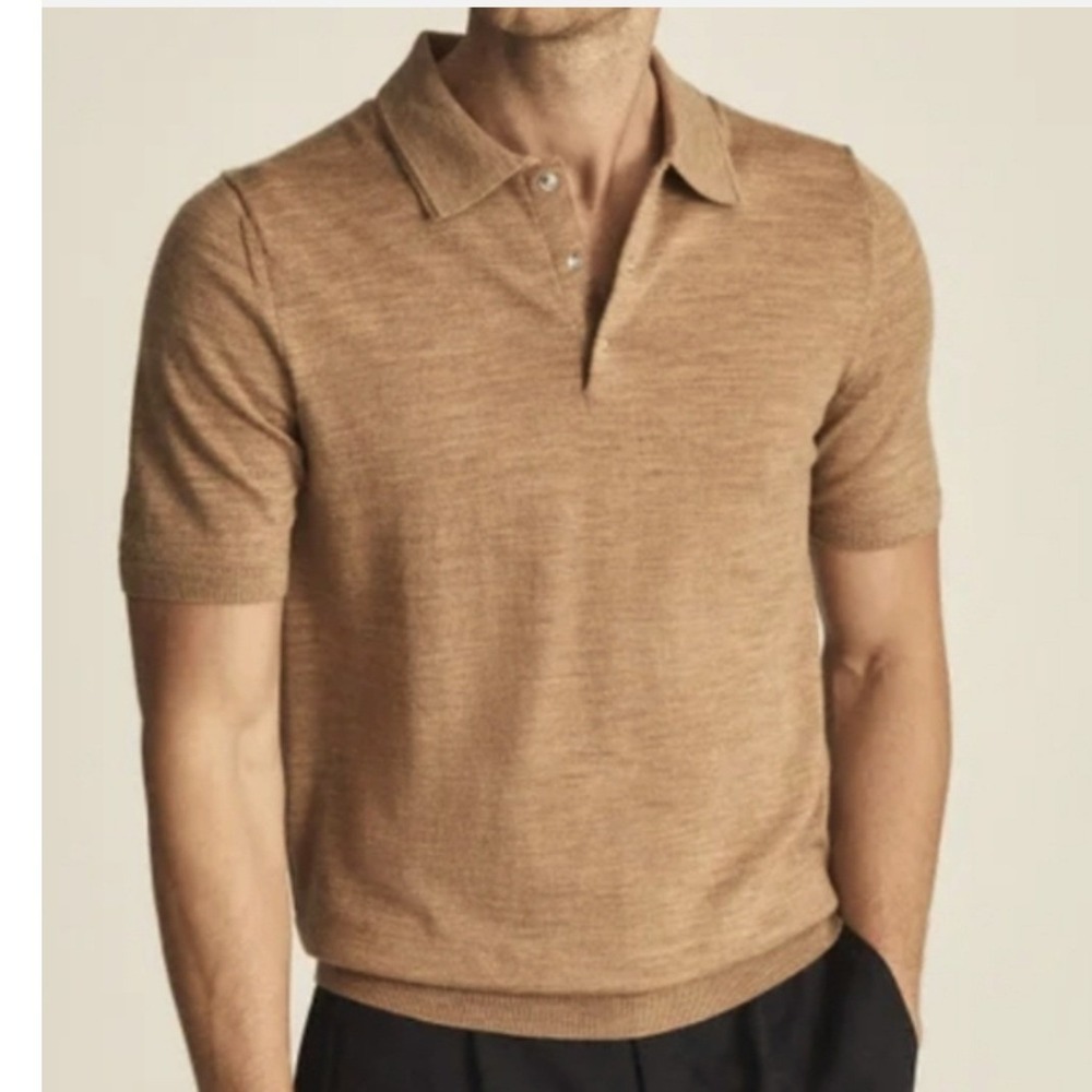 Reiss Mens Blair Tan Merino Wool Short Sleeve Snap Knit Polo Shirt Size L